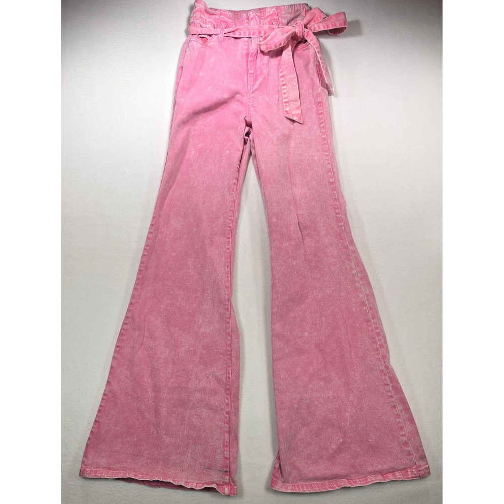 Flying‎ Tomato Pink Acid Wash Flare Jeans High Waist Paperbag Tie Belt Small
